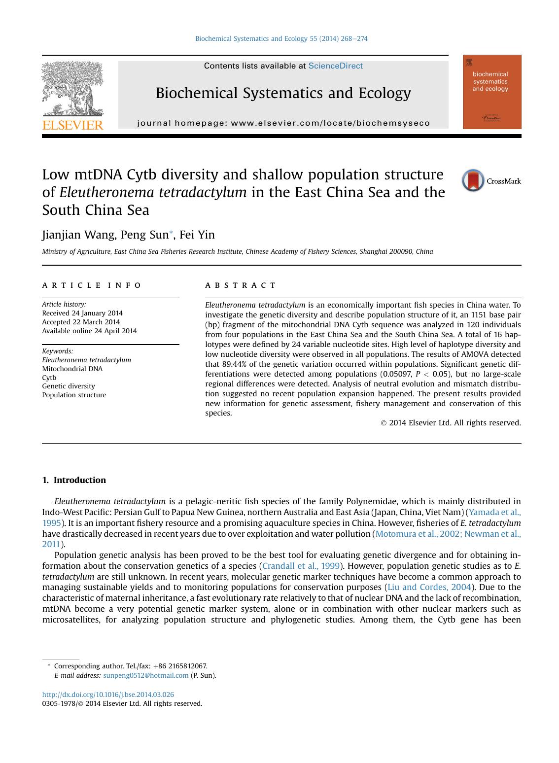 Low mtDNA Cytb diversity and shallow population structure of Eleutheronema tetradactylum in the East China Sea and the South China Sea by Jianjian Wang & Peng Sun & Fei Yin