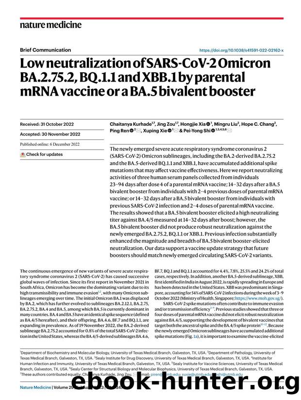 Low neutralization of SARS-CoV-2 Omicron BA.2.75.2, BQ.1.1 and XBB.1 by parental mRNA vaccine or a BA.5 bivalent booster by unknow