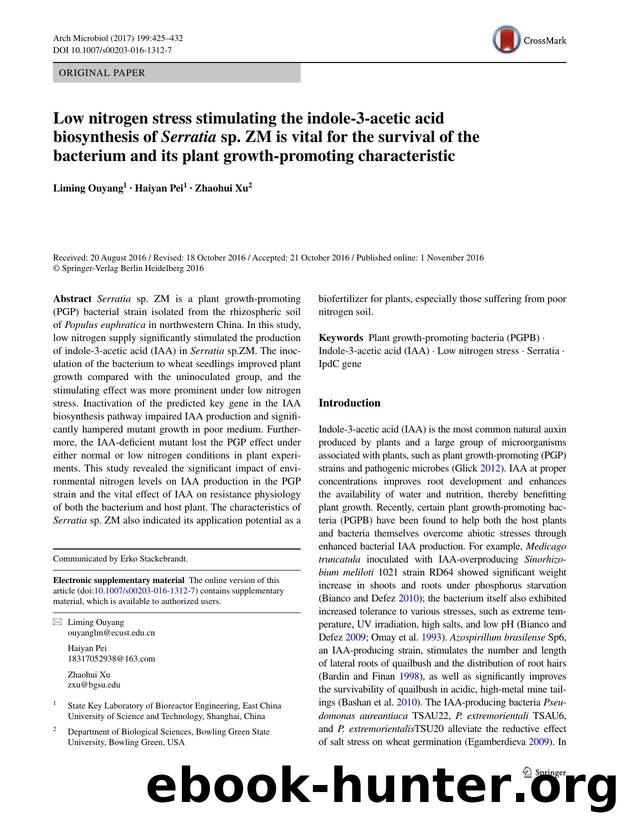 Low nitrogen stress stimulating the indole-3-acetic acid biosynthesis of Serratia sp. ZM is vital for the survival of the bacterium and its plant growth-promoting characteristic by Liming Ouyang & Haiyan Pei & Zhaohui Xu