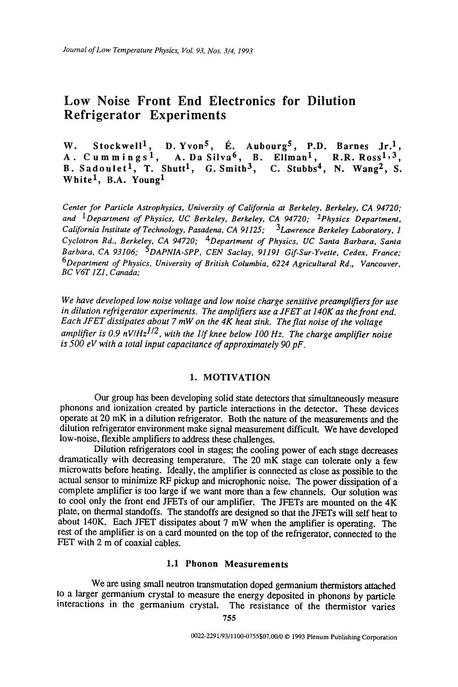 Low noise front end electronics for dilution refrigerator experiments by Unknown