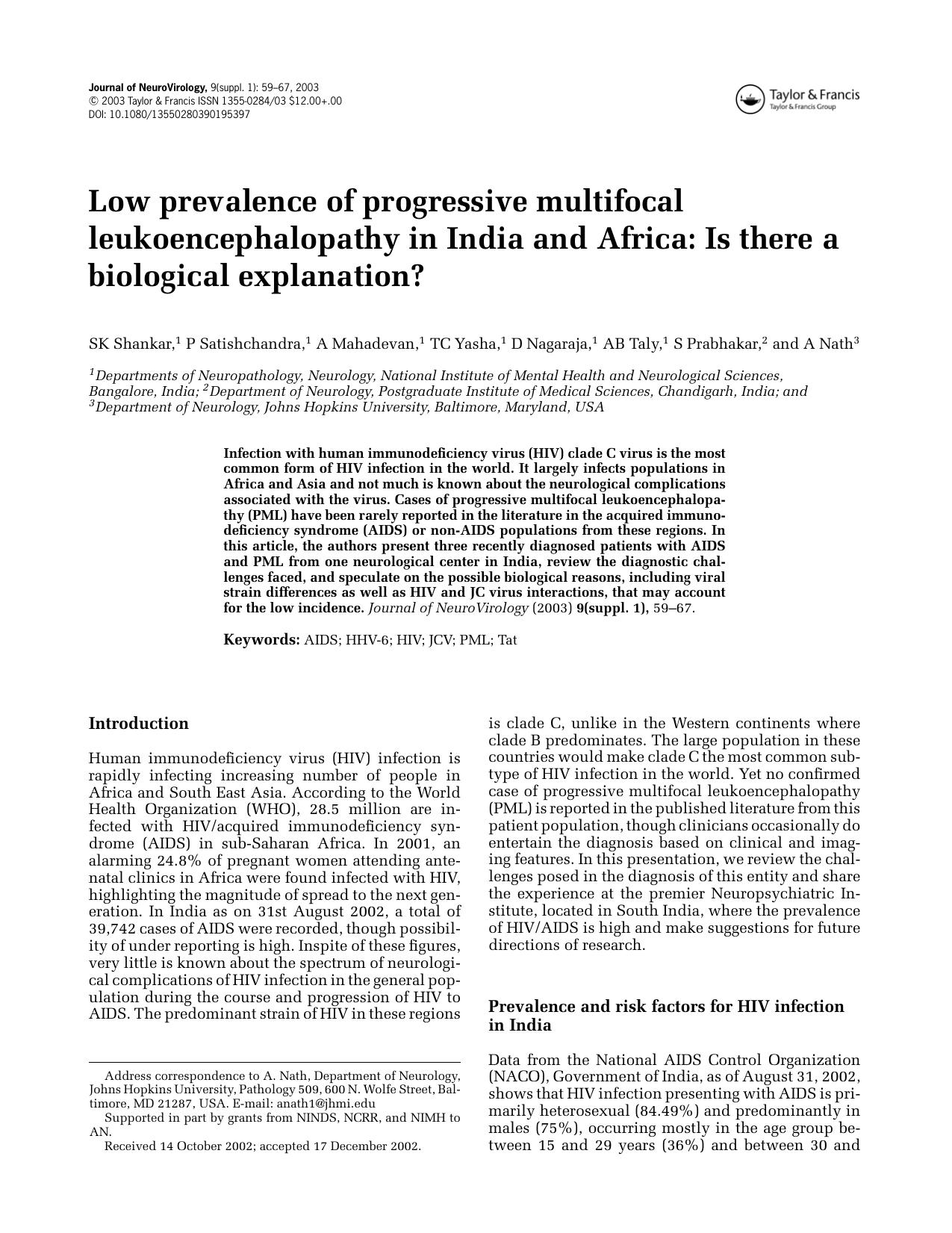 Low prevalence of progressive multifocal leukoencephalopathy in India and Africa: Is there a biological explanation? by Unknown