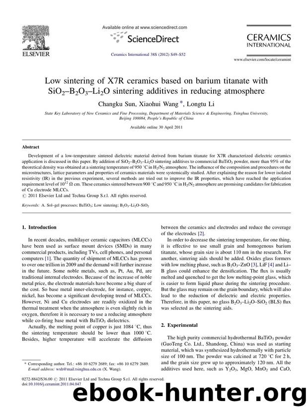 Low sintering of X7R ceramics based on barium titanate with SiO2âB2O3âLi2O sintering additives in reducing atmosphere by Changku Sun