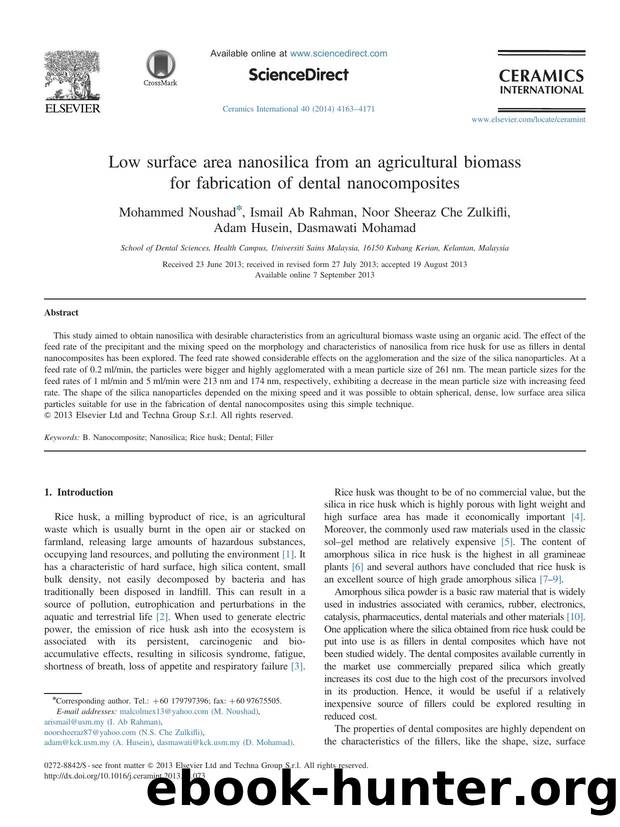 Low surface area nanosilica from an agricultural biomass for fabrication of dental nanocomposites by Mohammed Noushad & Ismail Ab Rahman & Noor Sheeraz Che Zulkifli & Adam Husein & Dasmawati Mohamad
