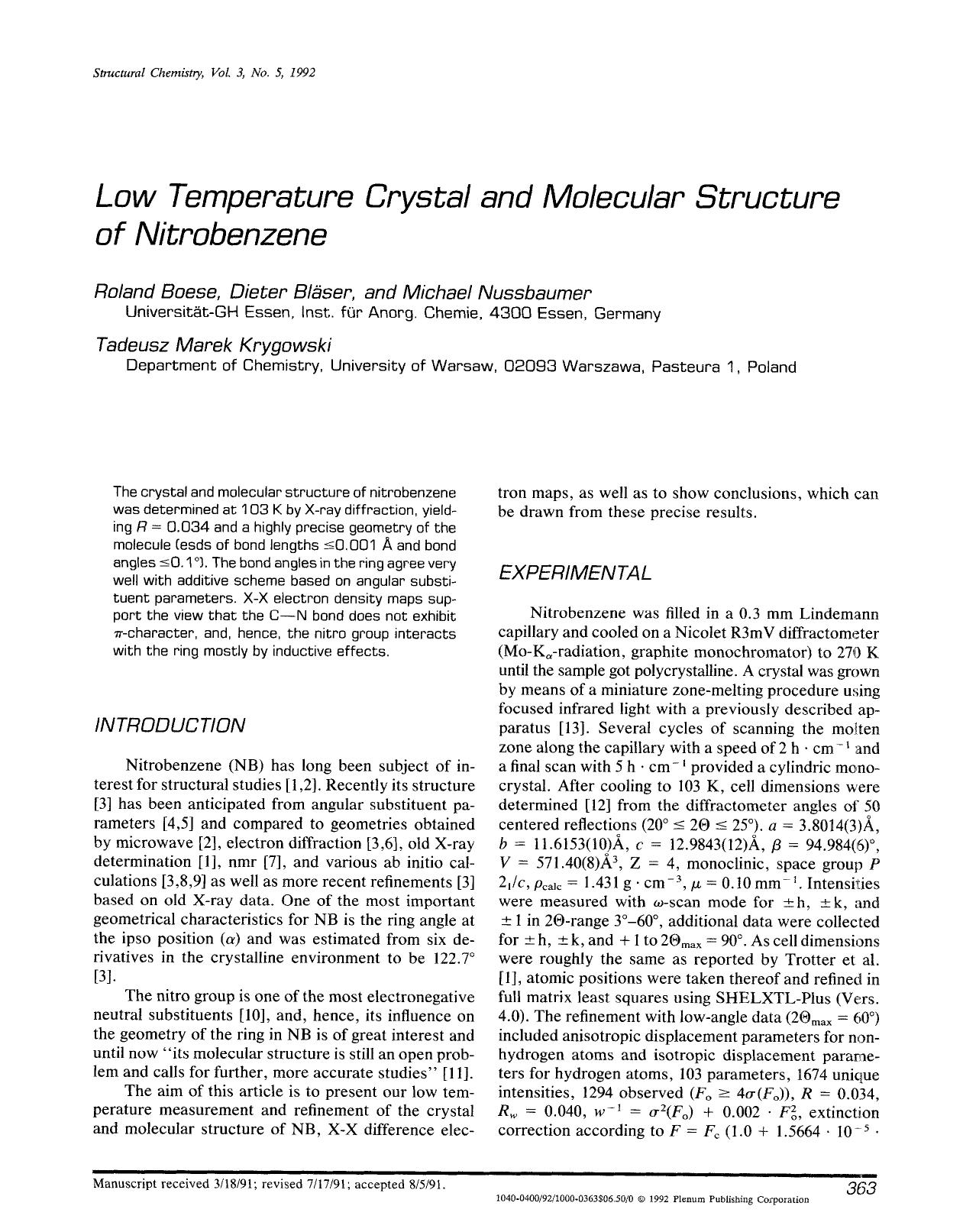 Low temperature crystal and molecular structure of nitrobenzene by Unknown