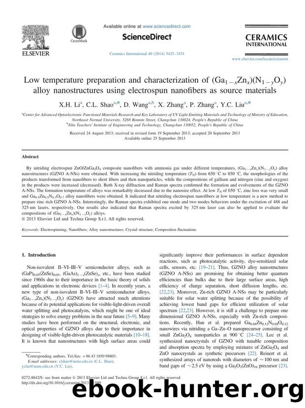 Low temperature preparation and characterization of (Ga1âxZnx)(N1âyOy) alloy nanostructures using electrospun nanofibers as source materials by X.H. Li & C.L. Shao & D. Wang & X. Zhang & P. Zhang & Y.C. Liu