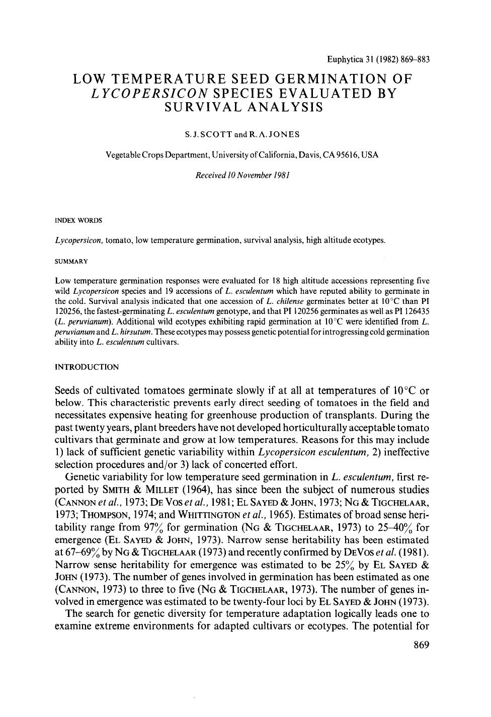Low temperature seed germination of <Emphasis Type="Italic">Lycopersicon <Emphasis> species evaluated by survival analysis by Unknown