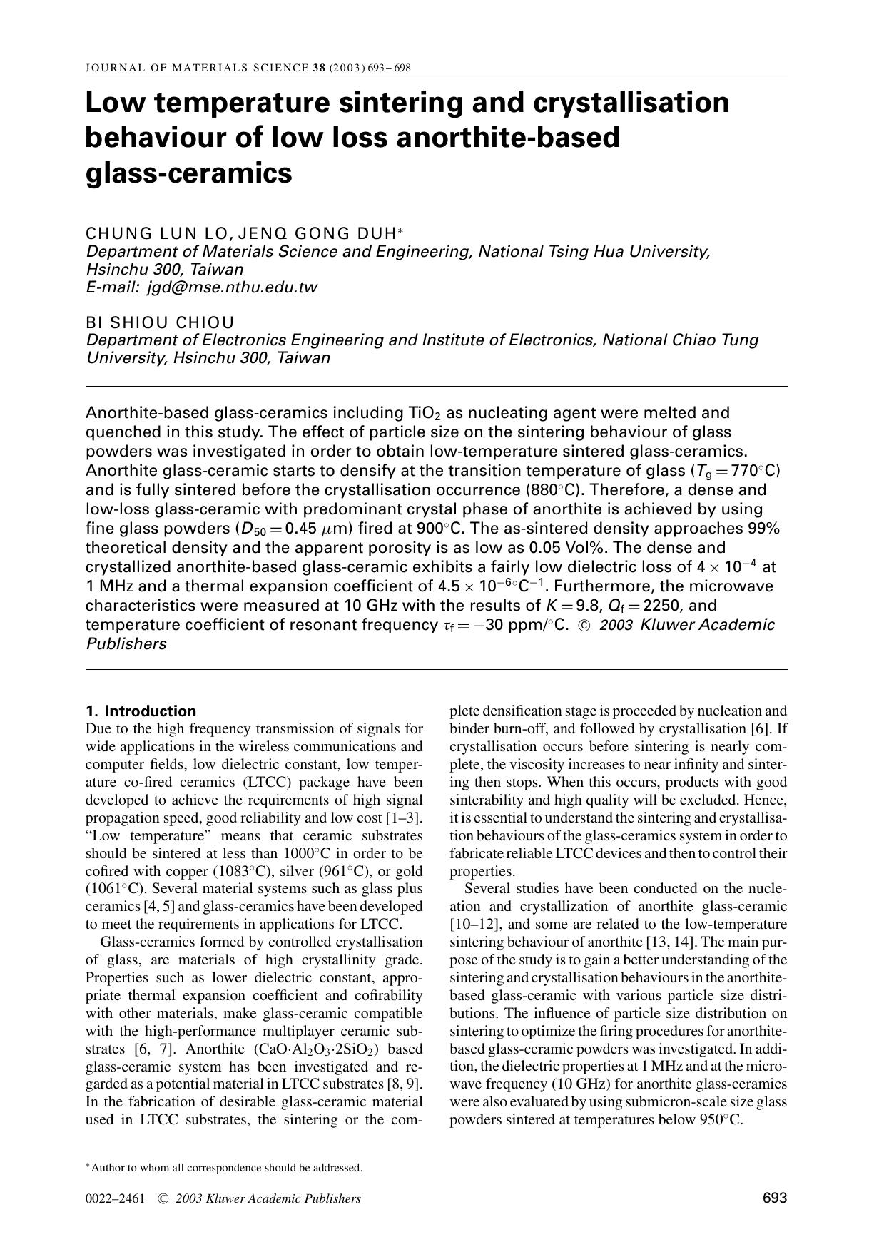 Low temperature sintering and crystallisation behaviour of low loss anorthite-based glass-ceramics by Unknown