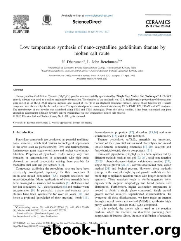 Low temperature synthesis of nano-crystalline gadolinium titanate by molten salt route by N. Dharuman & L. John Berchmans