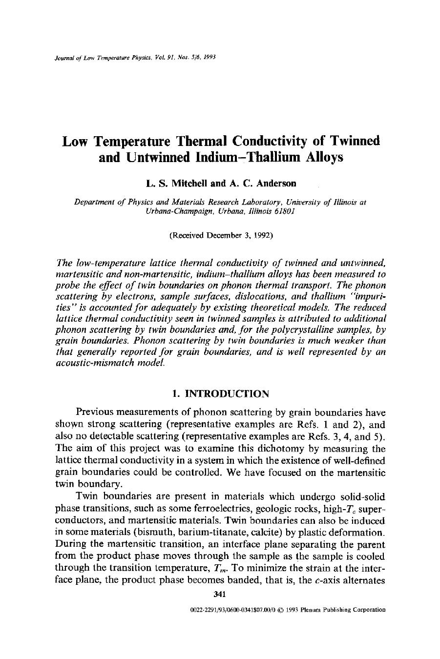 Low temperature thermal conductivity of twinned and untwinned indium-thallium alloys by Unknown