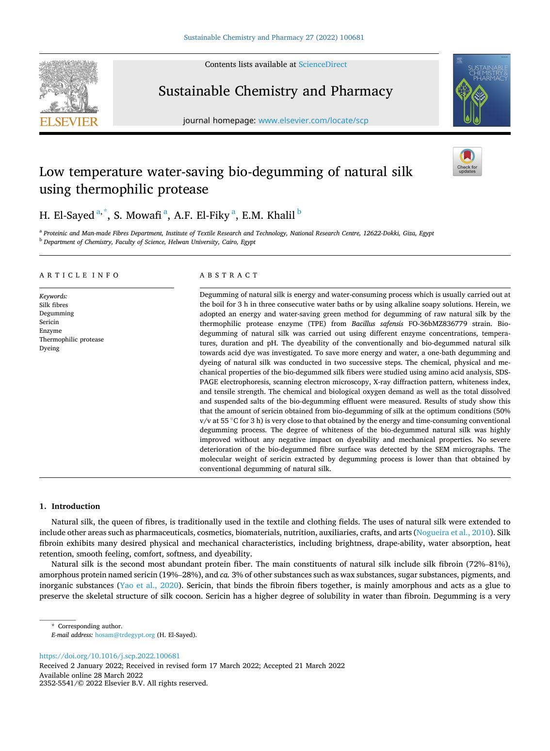 Low temperature water-saving bio-degumming of natural silk using thermophilic protease by H. El-Sayed