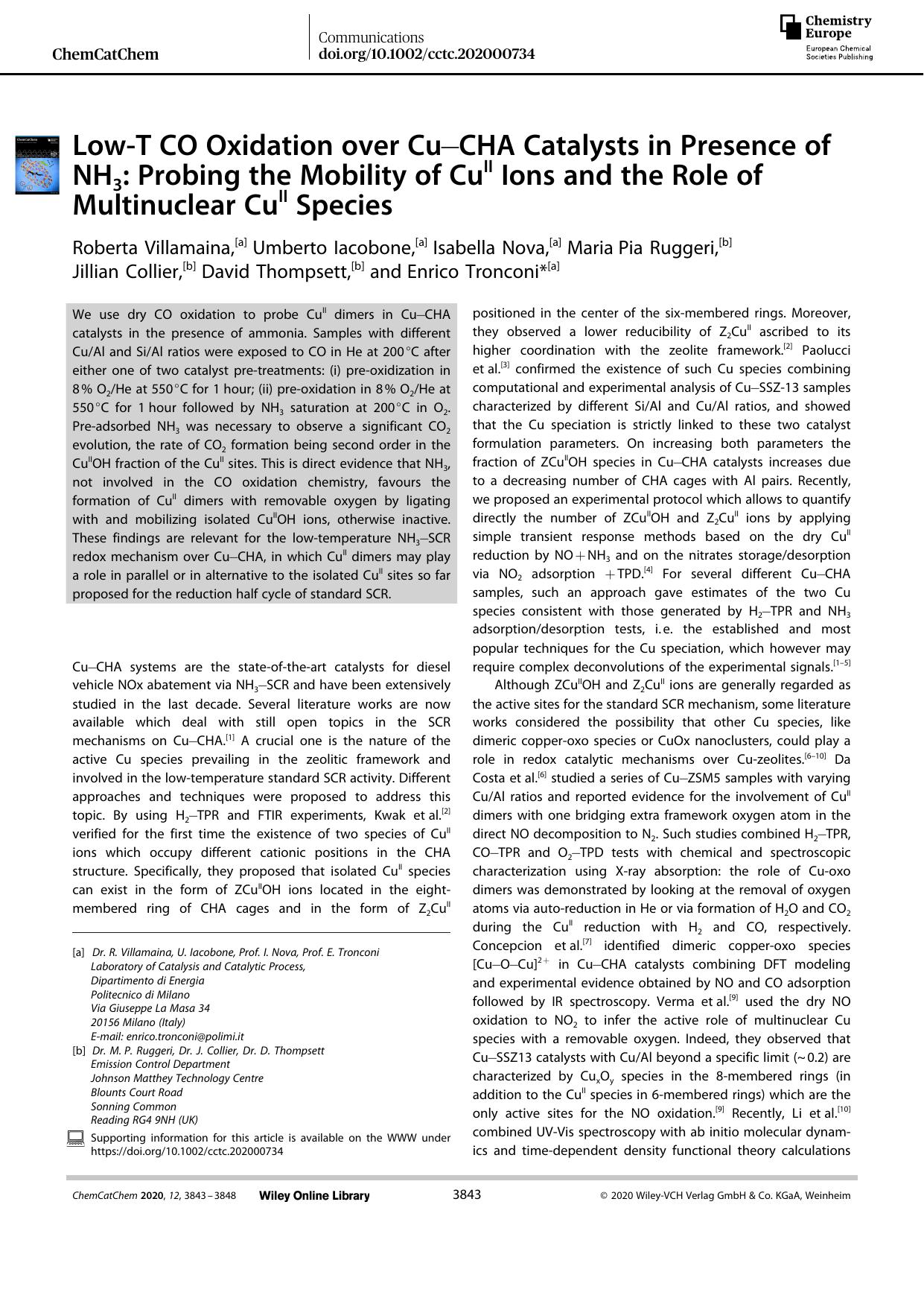 LowâT CO Oxidation over CuâCHA Catalysts in Presence of NH3: Probing the Mobility of CuII Ions and the Role of Multinuclear CuII Species by Unknown