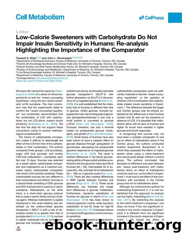 Low-Calorie Sweeteners with Carbohydrate Do Not Impair Insulin Sensitivity in Humans: Re-analysis Highlighting the Importance of the Comparator by Tauseef A. Khan & John L. Sievenpiper