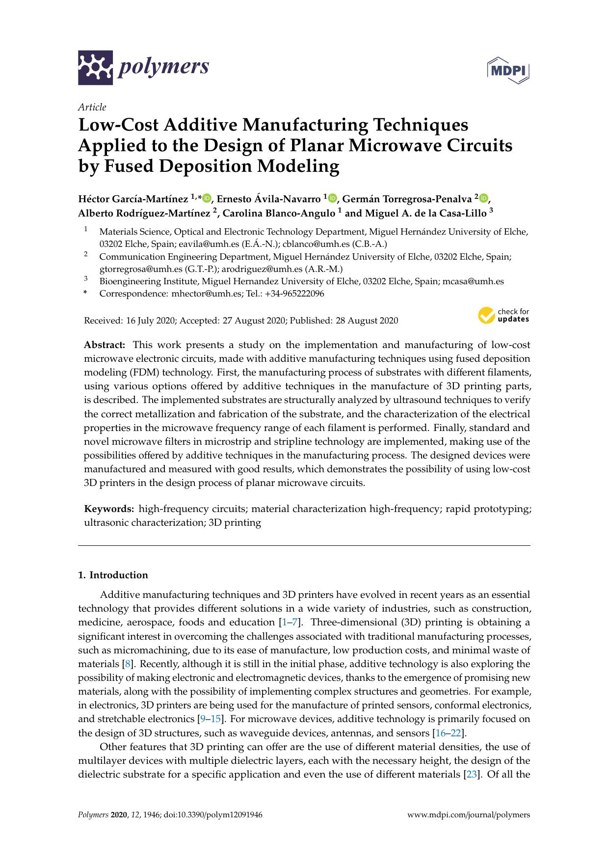 Low-Cost Additive Manufacturing Techniques Applied to the Design of Planar Microwave Circuits by Fused Deposition Modeling by unknow