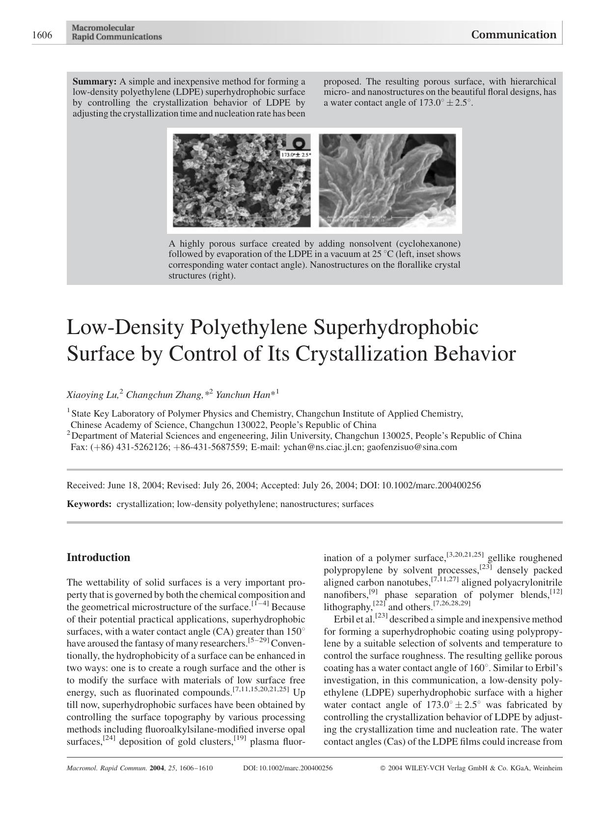Low-Density Polyethylene Superhydrophobic Surface by Control of Its Crystallization Behavior by Unknown