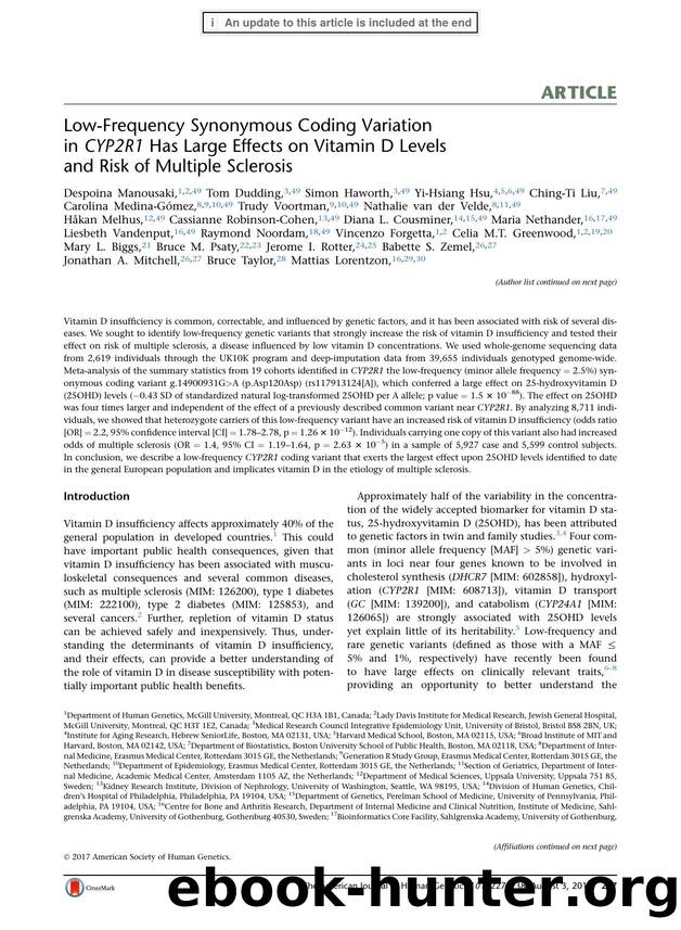 Low-Frequency Synonymous Coding Variation in CYP2R1 Has Large Effects on Vitamin D Levels and Risk of Multiple Sclerosis by unknow