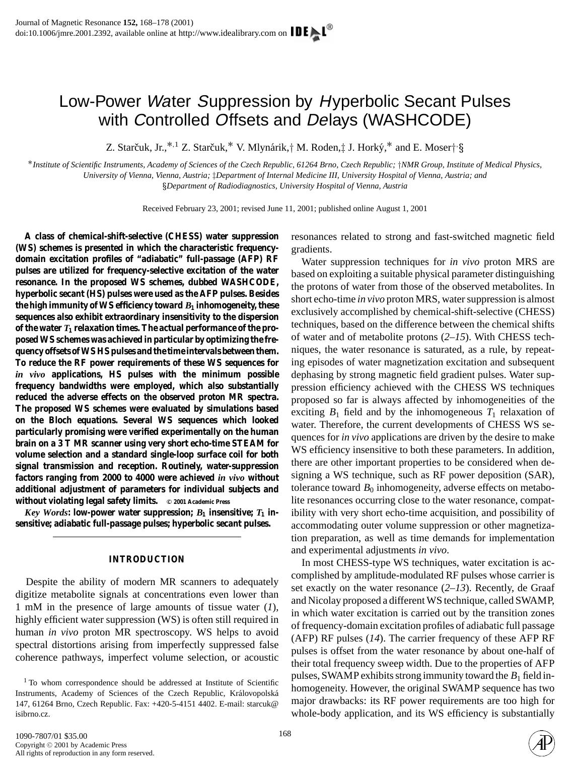Low-Power Water Suppression by Hyperbolic Secant Pulses by Starcuk Jr. Z. et al