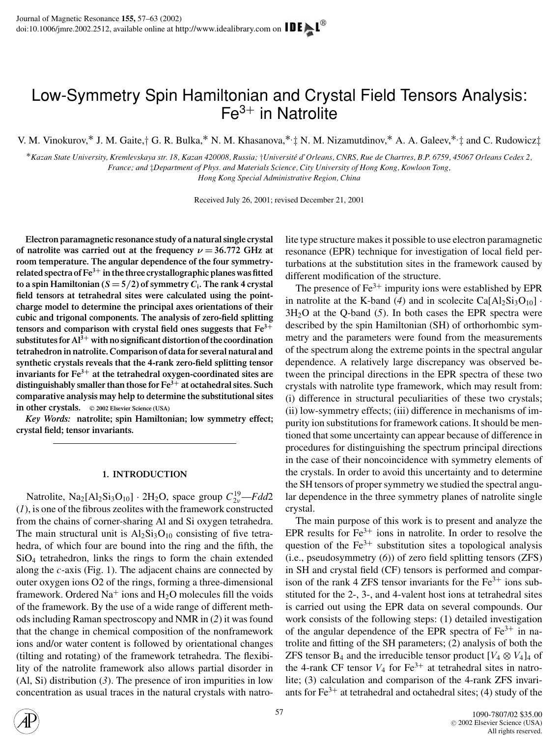 Low-Symmetry Spin Hamiltonian and Crystal Field Tensors Analysis: by Vinokurov V. M. et al