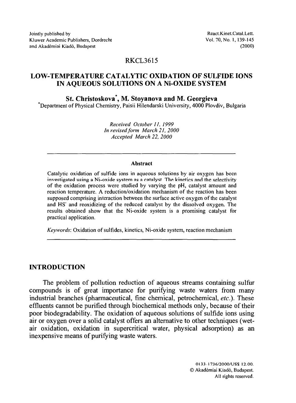 Low-Temperature Catalytic Oxidation of Sulfide Ions in Aqueous Solutions on a Ni-Oxide System by Unknown