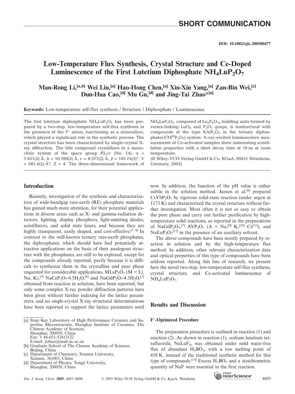 Low-Temperature Flux Synthesis, Crystal Structure and Ce-Doped Luminescence of the First Lutetium Diphosphate NH4LuP2O7 by Unknown