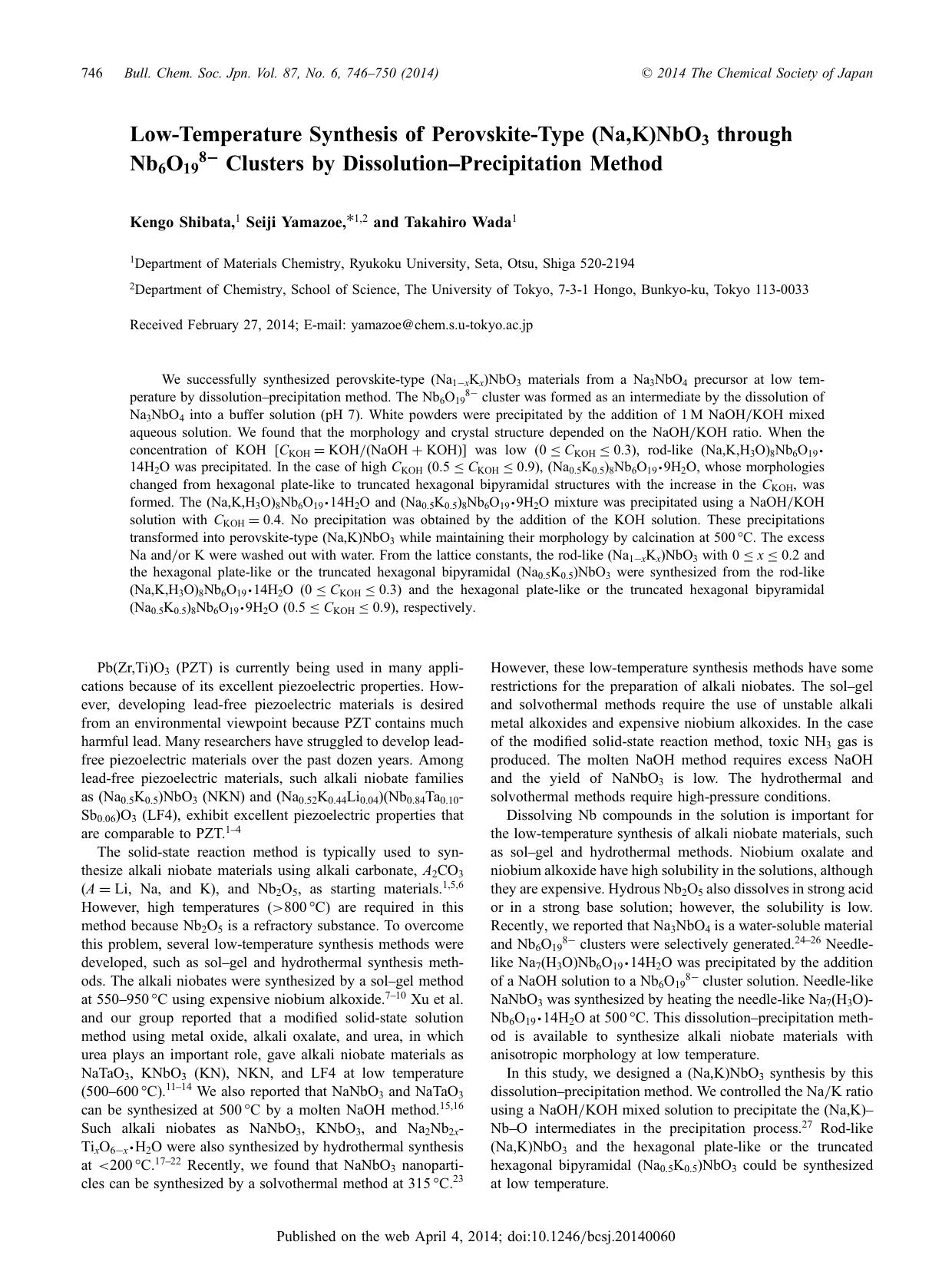 Low-Temperature Synthesis of Perovskite-Type (Na,K)NbO3 through Nb6O198− Clusters by Dissolution–Precipitation Method by Kengo Shibata Seiji Yamazoe Takahiro Wada