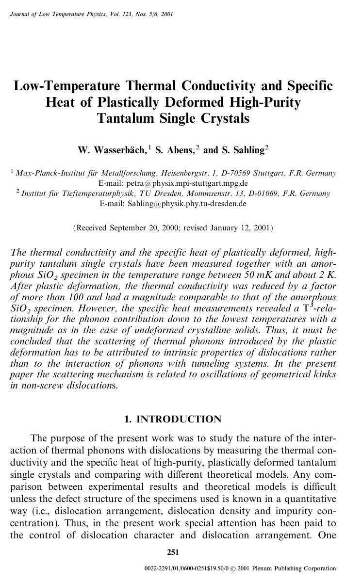Low-Temperature Thermal Conductivity and Specific Heat of Plastically Deformed High-Purity Tantalum Single Crystals by Unknown