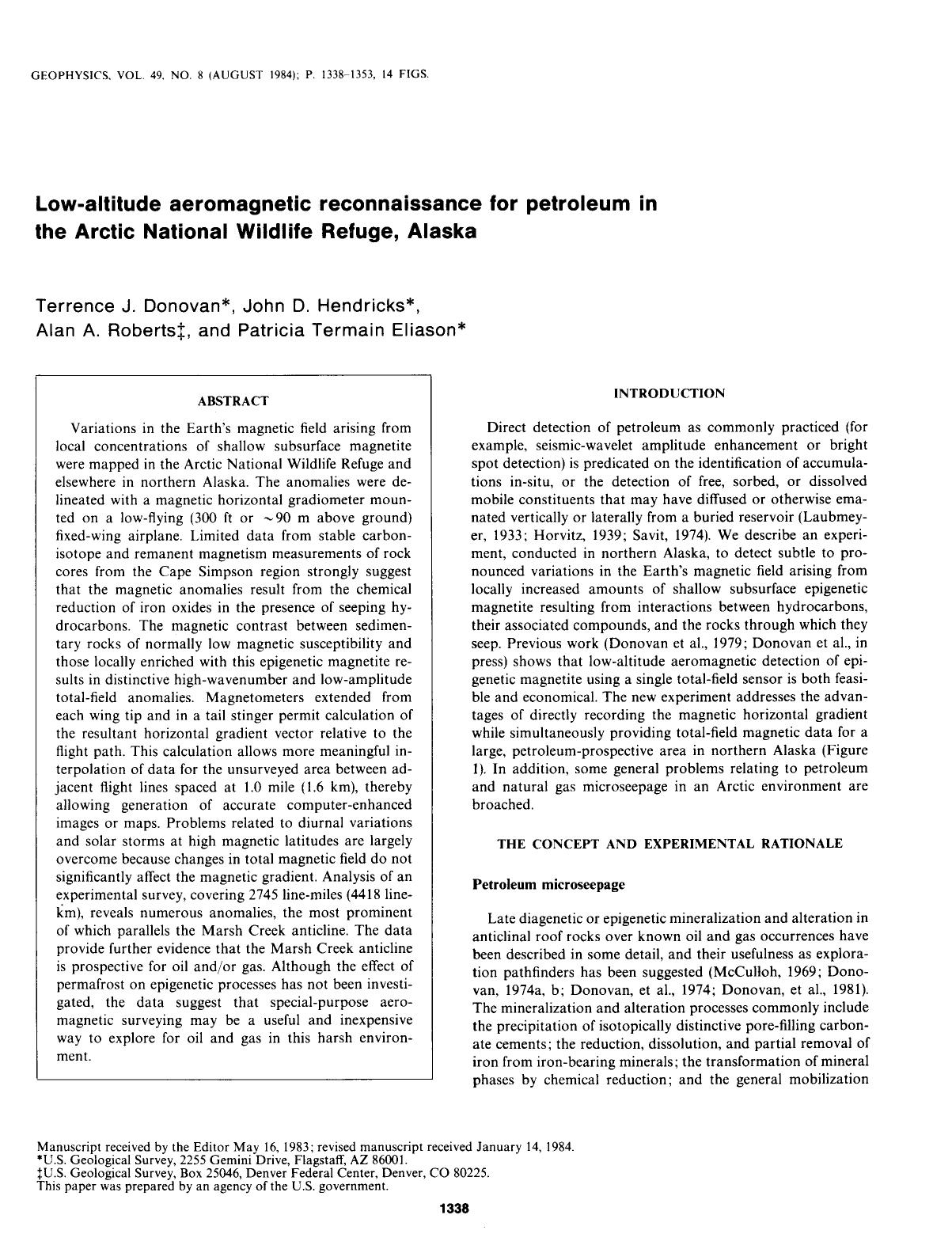 Low-altitude aeromagnetic reconnaissance for petroleum in the Arctic National Wildlife Refuge, Alaska by Donovan T. J.; Hendricks J. D.; Roberts A. A.; Eliason P. T