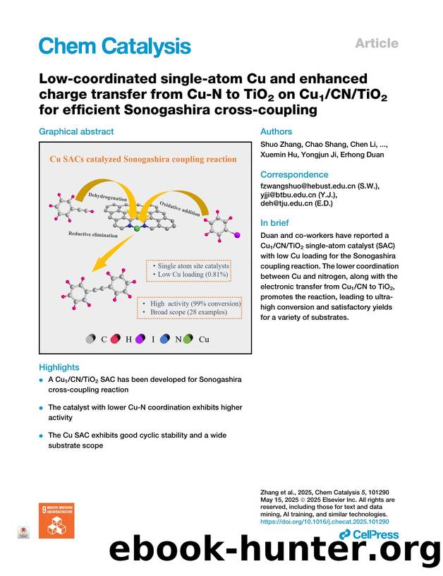 Low-coordinated single-atom Cu and enhanced charge transfer from Cu-N to TiO2 on Cu1CNTiO2 for efficient Sonogashira cross-coupling by Shuo Zhang & Chao Shang & Chen Li & Dianxing Lian & Shuo Wang & Xuemin Hu & Yongjun Ji & Erhong Duan