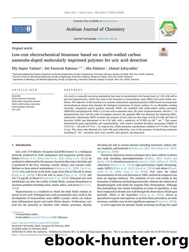 Low-cost electrochemical biosensor based on a multi-walled carbon nanotube-doped molecularly imprinted polymer for uric acid detection by Elly Septia Yulianti & Siti Fauziyah Rahman & Mia Rizkinia & Ahmad Zakiyuddin