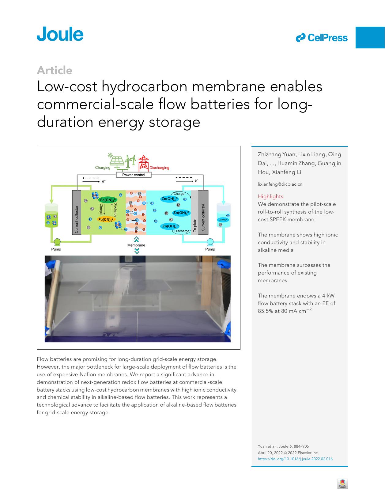 Low-cost hydrocarbon membrane enables commercial-scale flow batteries for long-duration energy storage by unknow