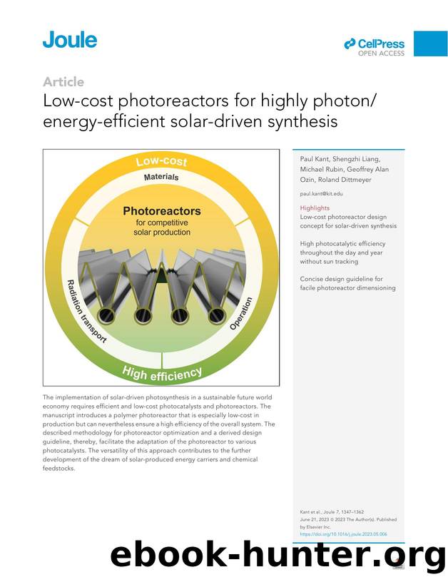 Low-cost photoreactors for highly photonenergy-efficient solar-driven synthesis by Paul Kant & Shengzhi Liang & Michael Rubin & Geoffrey Alan Ozin & Roland Dittmeyer
