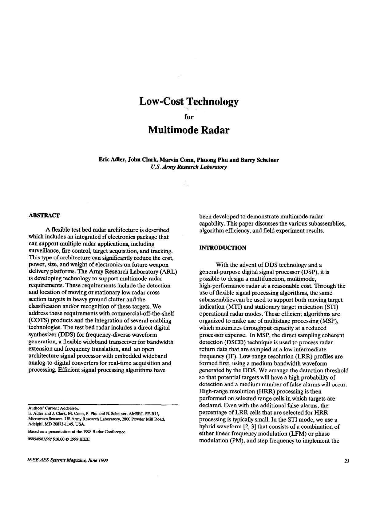 Low-cost technology for multimode radar - IEEE Aerospace and Electronics Systems Magazine by IEEE