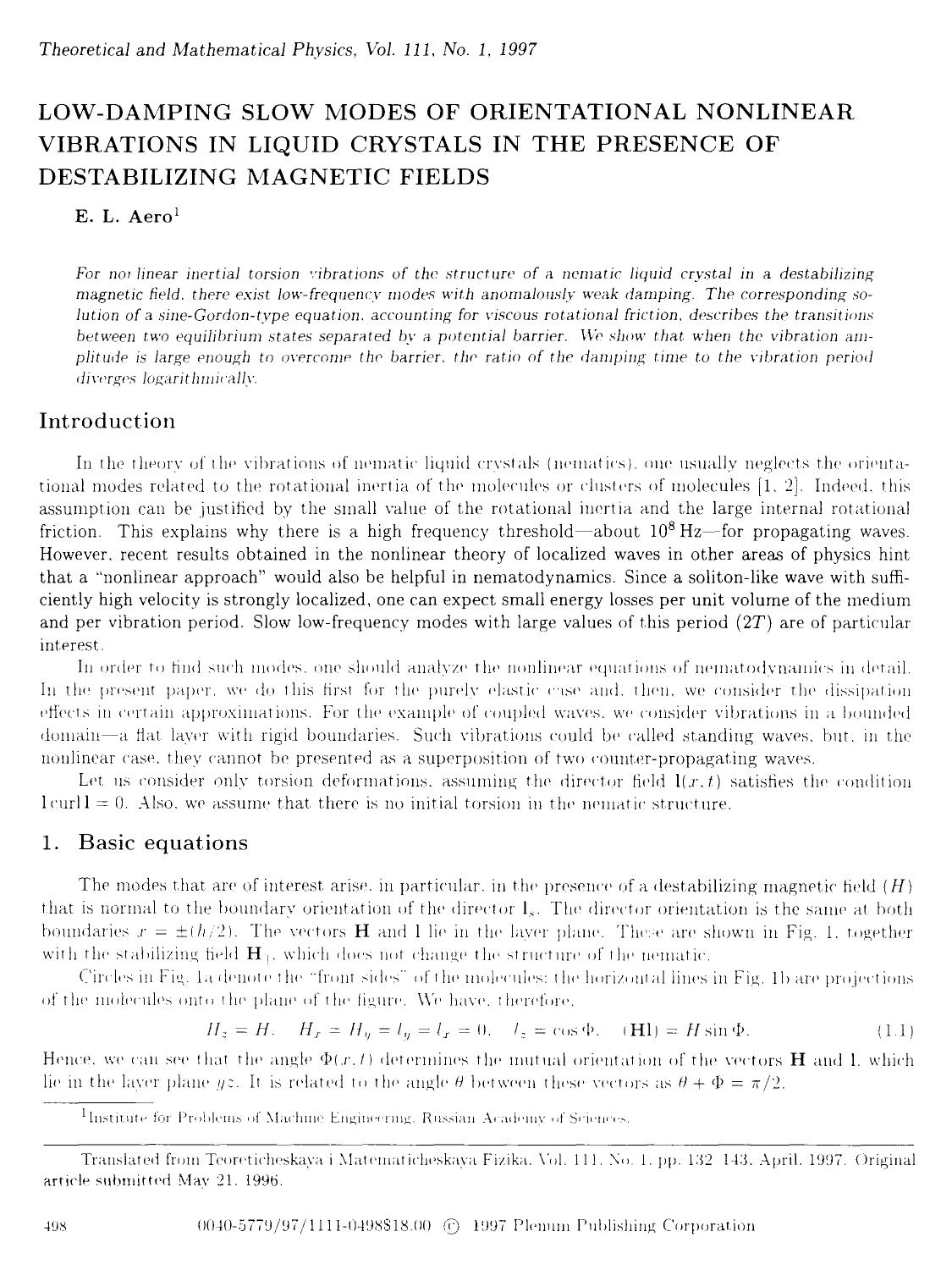 Low-damping slow modes of orientational nonlinear vibrations in liquid crystals in the presence of destabilizing magnetic fields by Unknown