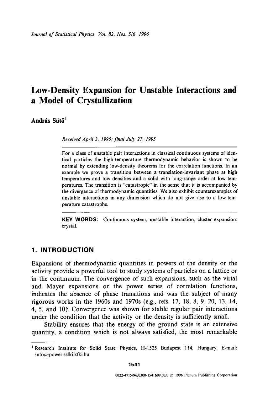 Low-density expanison for unstable interactions and a model of crystallization by Unknown