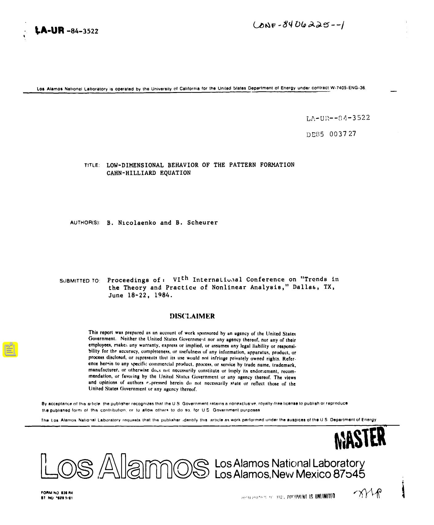Low-dimensional behavior of the pattern formation Cahn-Hilliard equation None by LANL Research Library LWW Project
