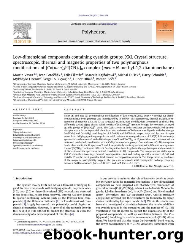Low-dimensional compounds containing cyanido groups. XXI. Crystal structure, spectroscopic, thermal and magnetic properties of two polymorphous modifications of [Cu(men)2Pt(CN)4]n  by unknow