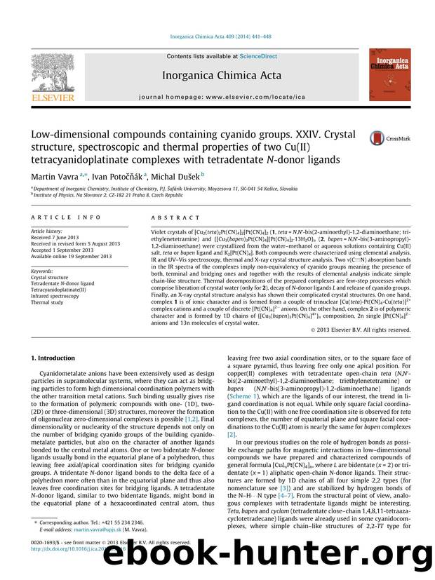Low-dimensional compounds containing cyanido groups. XXIV. Crystal structure, spectroscopic and thermal properties of two Cu(II) tetracyanidoplatinate complexes with tetradentate N-donor ligands by Martin Vavra & Ivan Potočňák & Michal Dušek