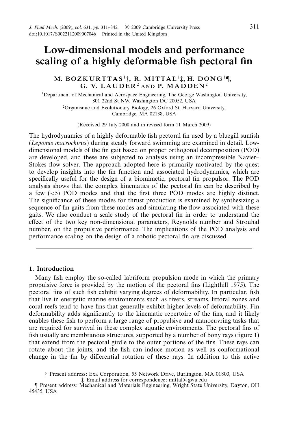 Low-dimensional models and performance scaling of a highly deformable fish pectoral fin by M. BOZKURTTAS R. MITTAL H. DONG G. V. LAUDER P. MADDEN