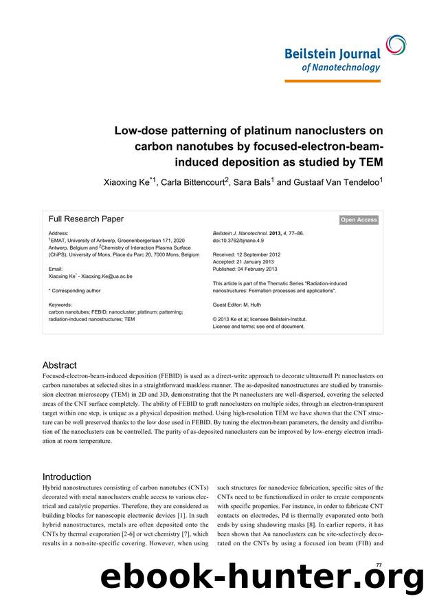 Low-dose patterning of platinum nanoclusters on carbon nanotubes by focused-electron-beam-induced deposition as studied by TEM by Xiaoxing Ke Carla Bittencourt Sara Bals Gustaaf Van Tendeloo