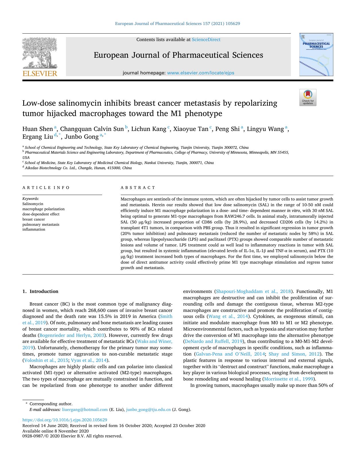 Low-dose salinomycin inhibits breast cancer metastasis by repolarizing tumor hijacked macrophages toward the M1 phenotype by Huan Shen