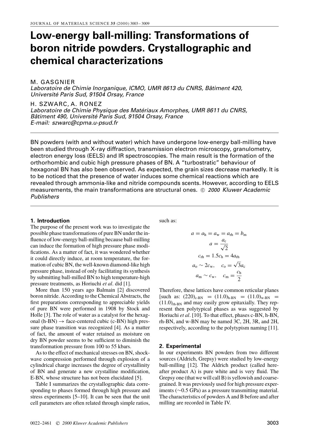 Low-energy ball-milling: Transformations of boron nitride powders. Crystallographic and chemical characterizations by Unknown