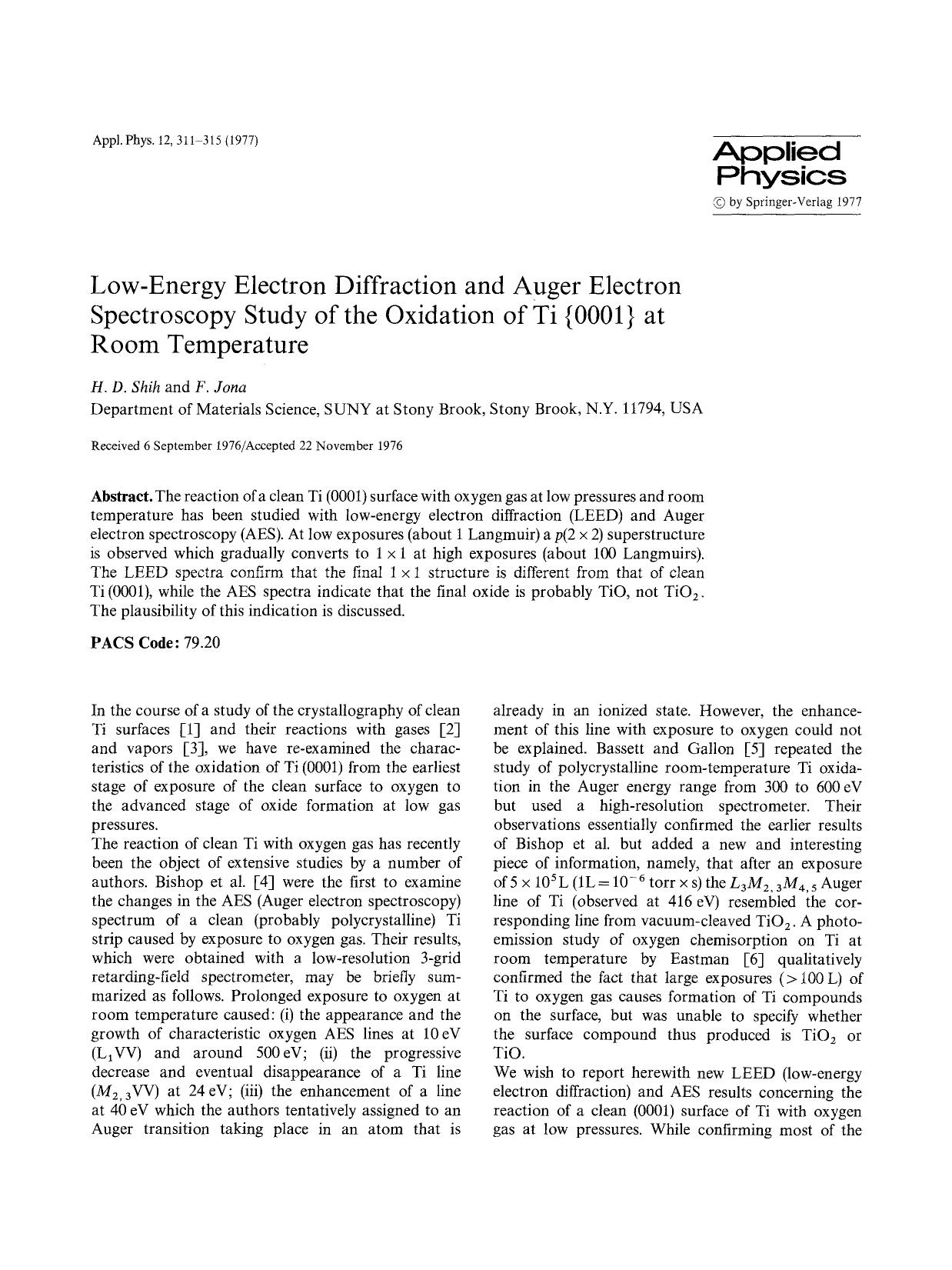 Low-energy electron diffraction and auger electron spectroscopy study of the oxidation of Ti &#x007B;0001&#x007D; at room temperature by Unknown
