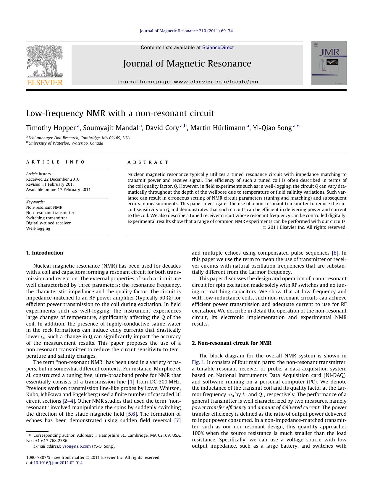 Low-frequency NMR with a non-resonant circuit by Timothy Hopper & Soumyajit Mandal & David Cory & Martin Hürlimann & Yi-Qiao Song