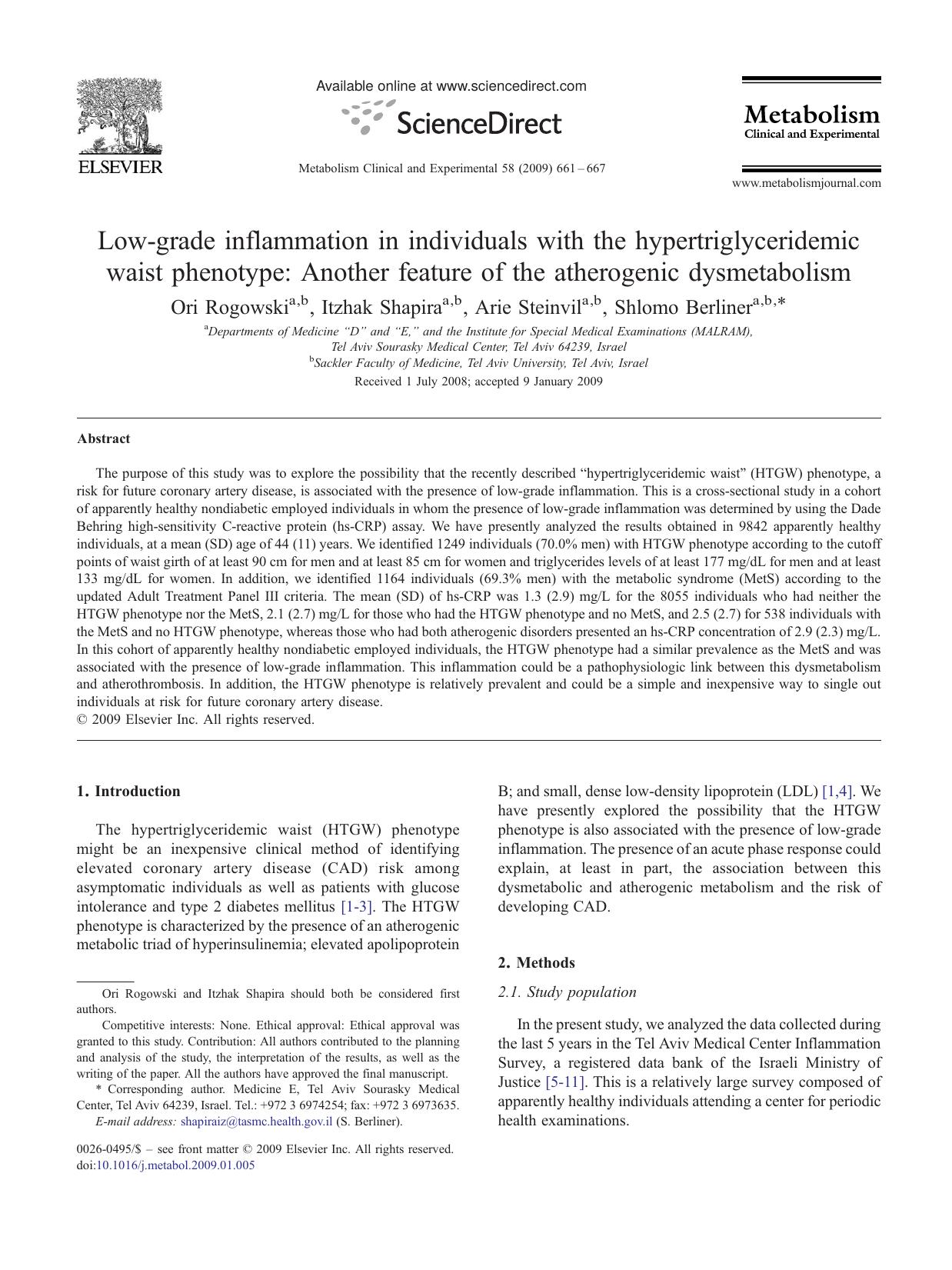 Low-grade inflammation in individuals with the hypertriglyceridemic waist phenotype: Another feature of the atherogenic dysmetabolism by Ori Rogowski; Itzhak Shapira; Arie Steinvil; Shlomo Berliner