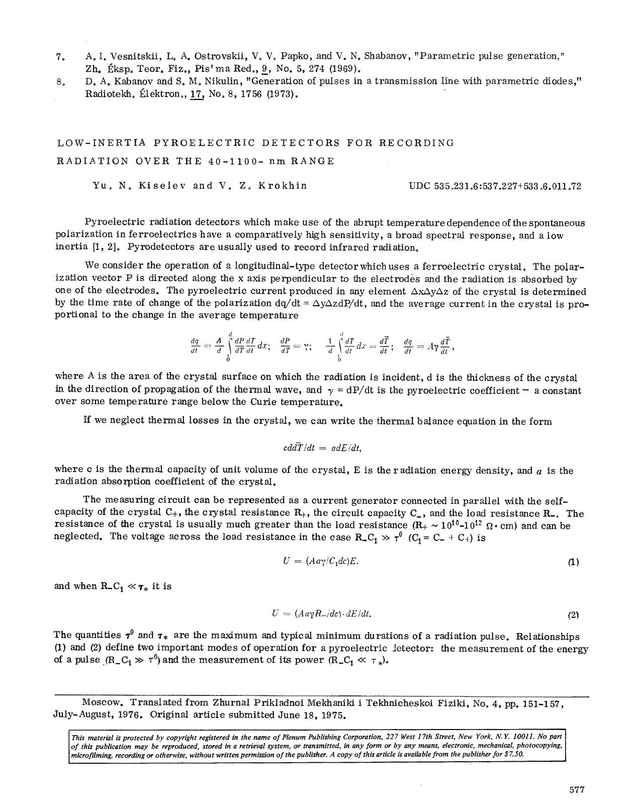 Low-inertia pyroelectric detectors for recording radiation over the 40&#x2013;1100- nm range by Unknown