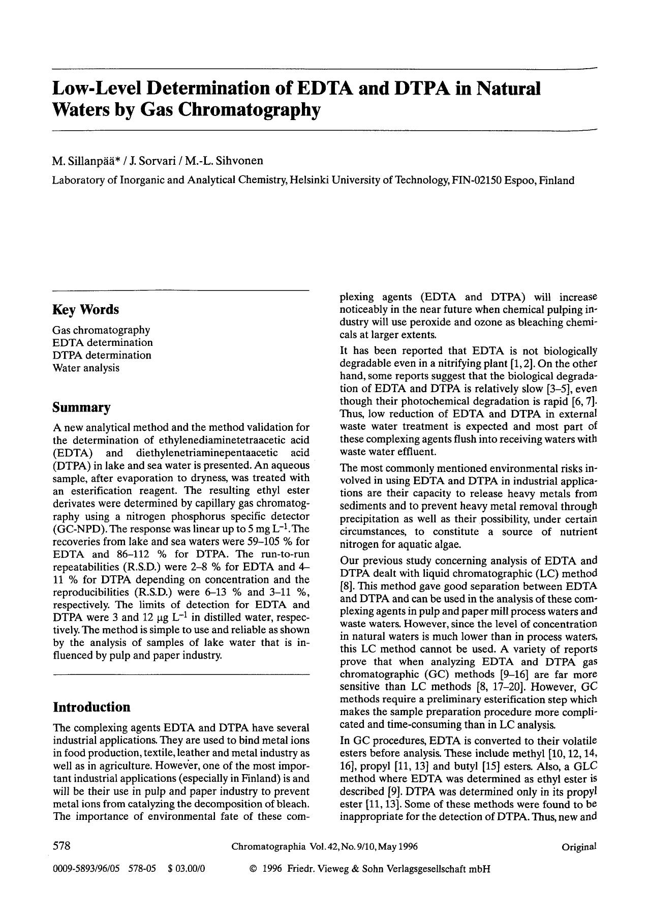 Low-level determination of EDTA and DTPA in natural waters by gas chromatography by Unknown