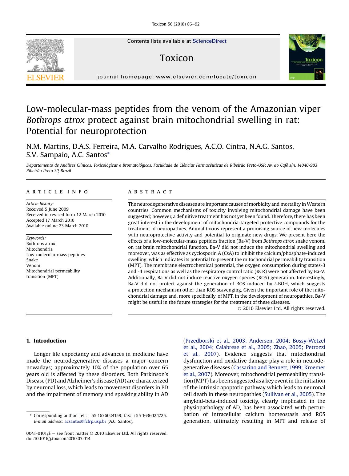 Low-molecular-mass peptides from the venom of the Amazonian viper Bothrops atrox protect against brain mitochondrial swelling in rat: Potential for neuroprotection by unknow