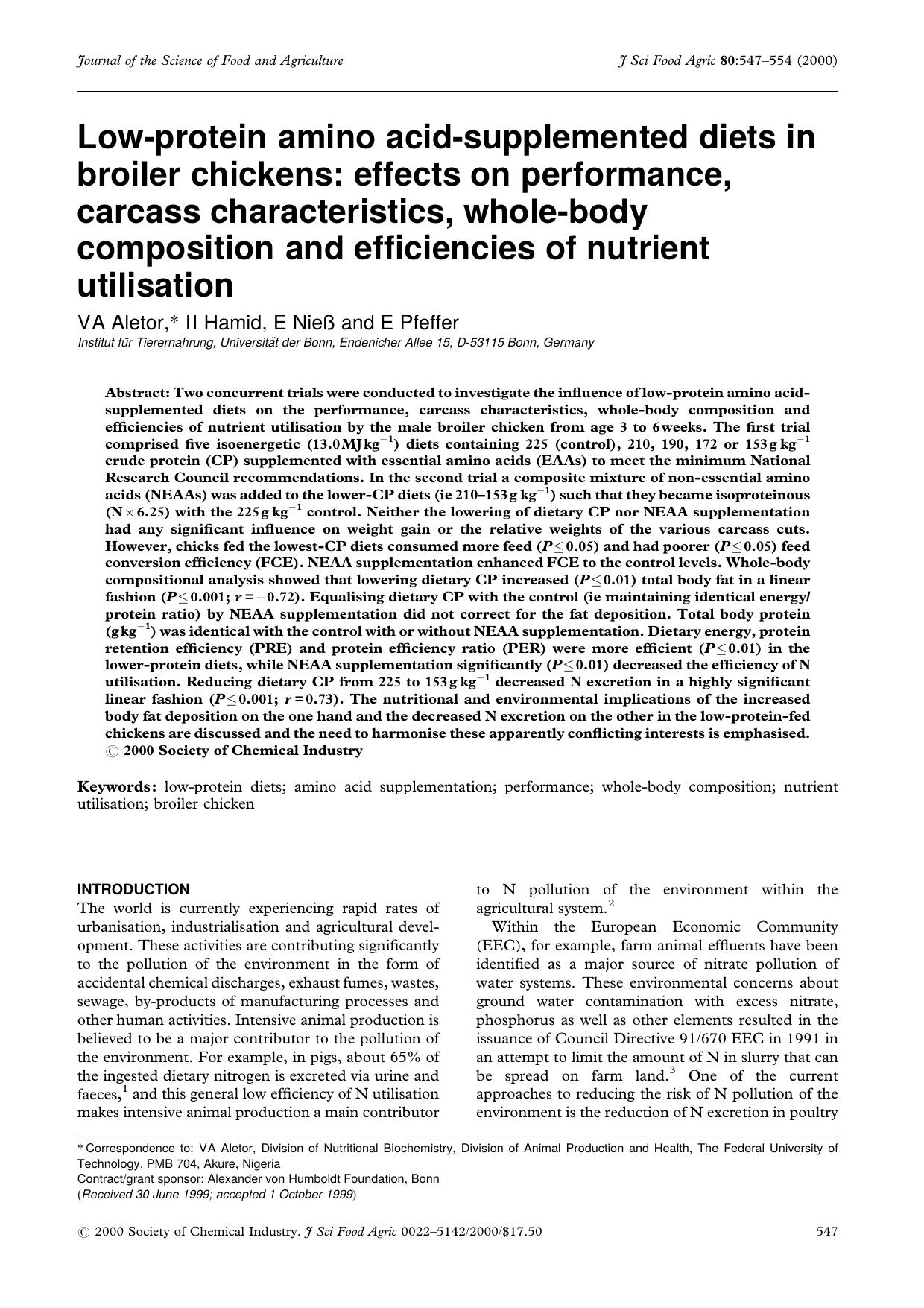 Low-protein amino acid-supplemented diets in broiler chickens: effects on performance, carcass characteristics, whole-body composition and efficiencies of nutrient utilisation by Unknown