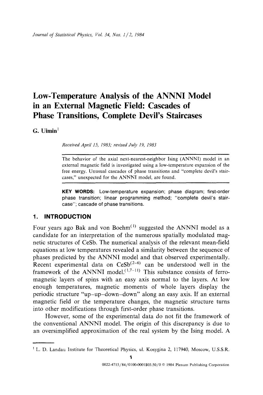 Low-temperature analysis of the ANNNI model in an external magnetic field: Cascades of phase transitions, complete devil's staircases by Unknown