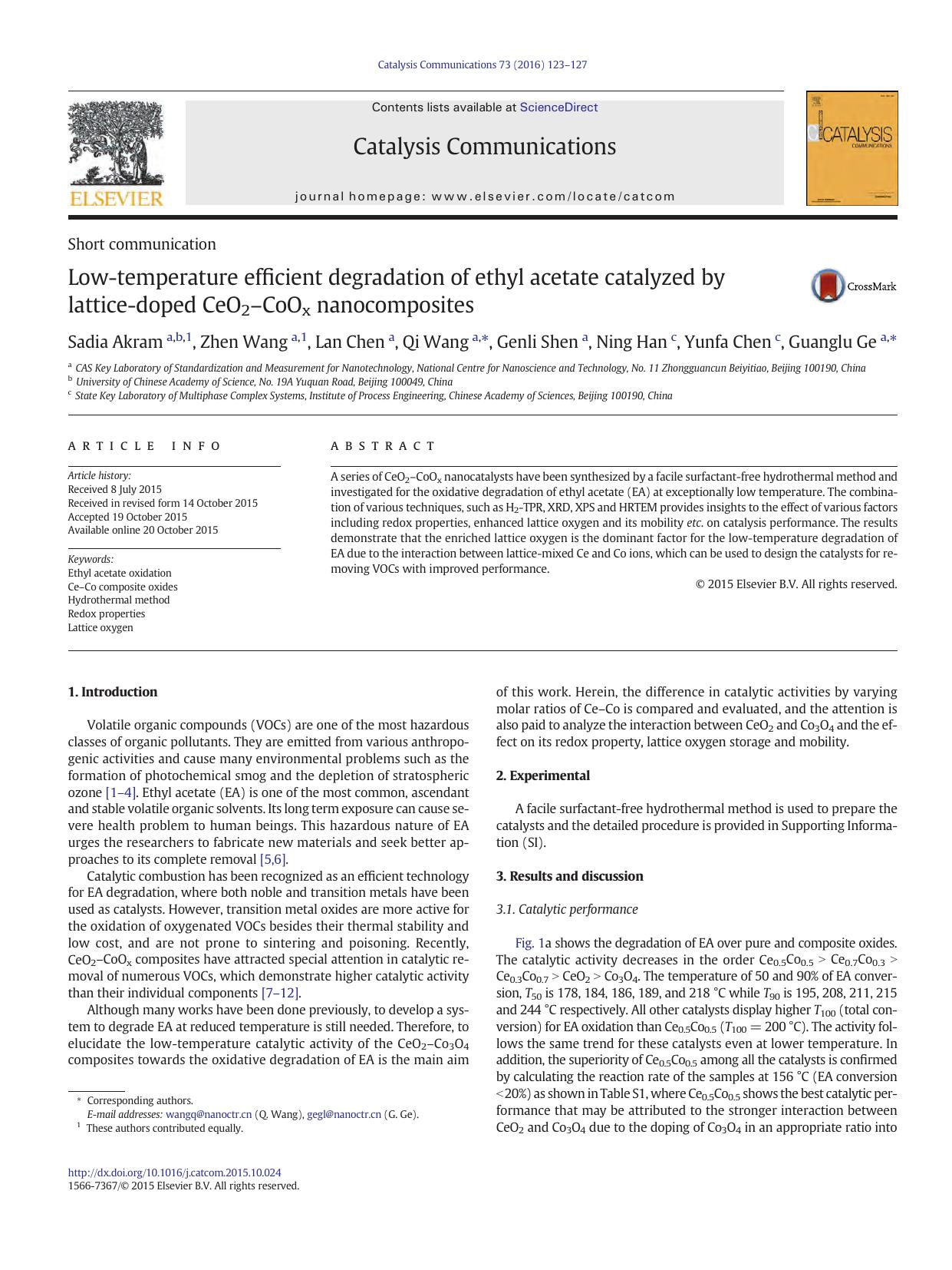 Low-temperature efficient degradation of ethyl acetate catalyzed by lattice-doped CeO2âCoOx nanocomposites by Sadia Akram & Zhen Wang & Lan Chen & Qi Wang & Genli Shen & Ning Han & Yunfa Chen & Guanglu Ge