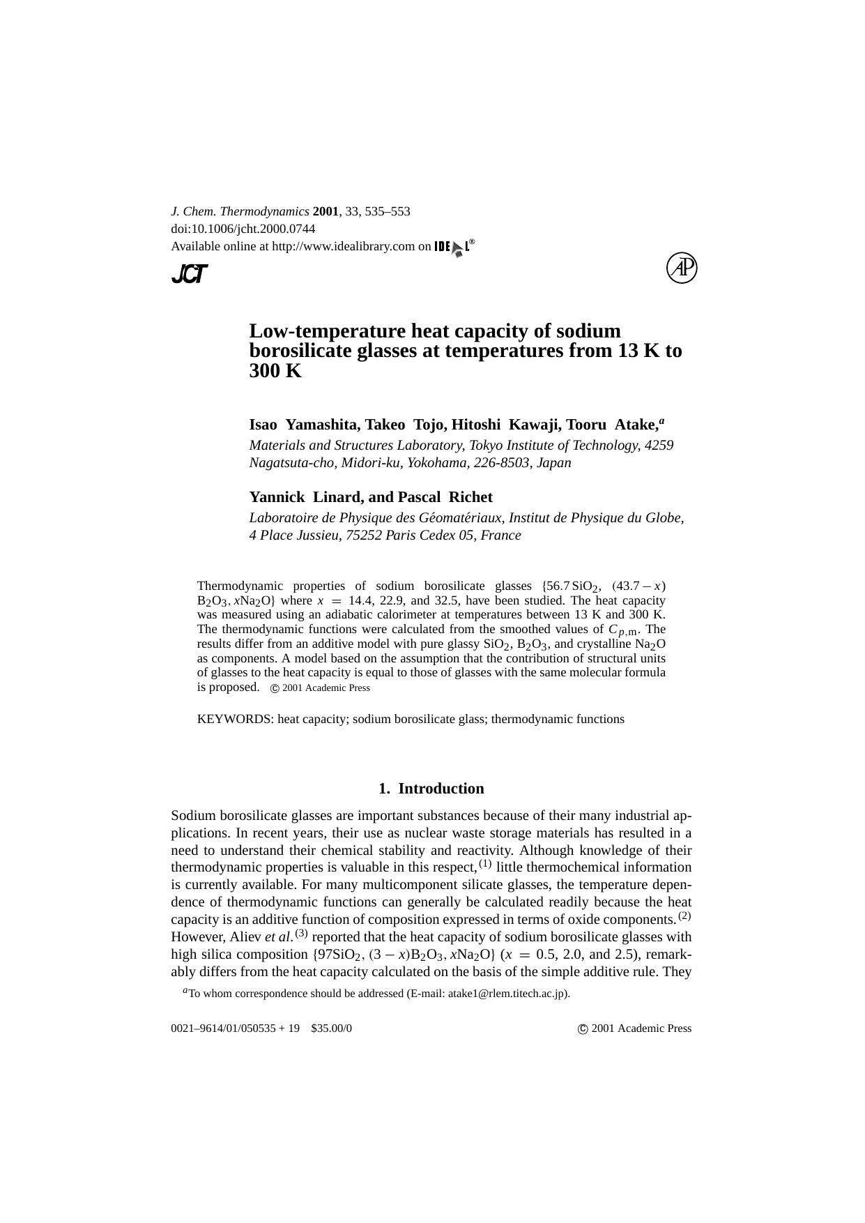 Low-temperature heat capacity of sodium borosilicate glasses at temperatures from 13 K to 300 K by I. Yamashita et al